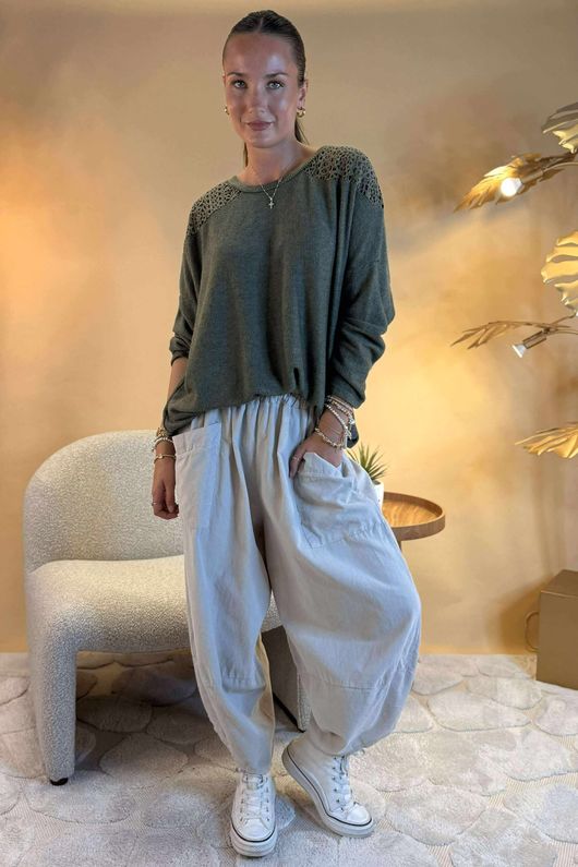 Made in Italy Fifi Lace Shoulder Fine Knit Top Soft Khaki /9 =